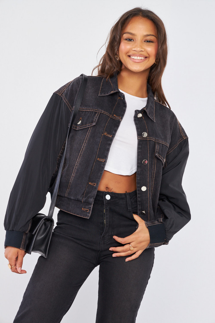 Veste en jean noir bi-matière