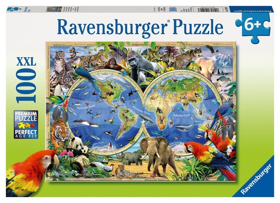Ravensburger Kinderpuzzle - 10540 Tierisch um die Welt - Puzzle-Weltkarte für Kinder ab 6 Jahren, mit 100 Teilen im XXL-Format