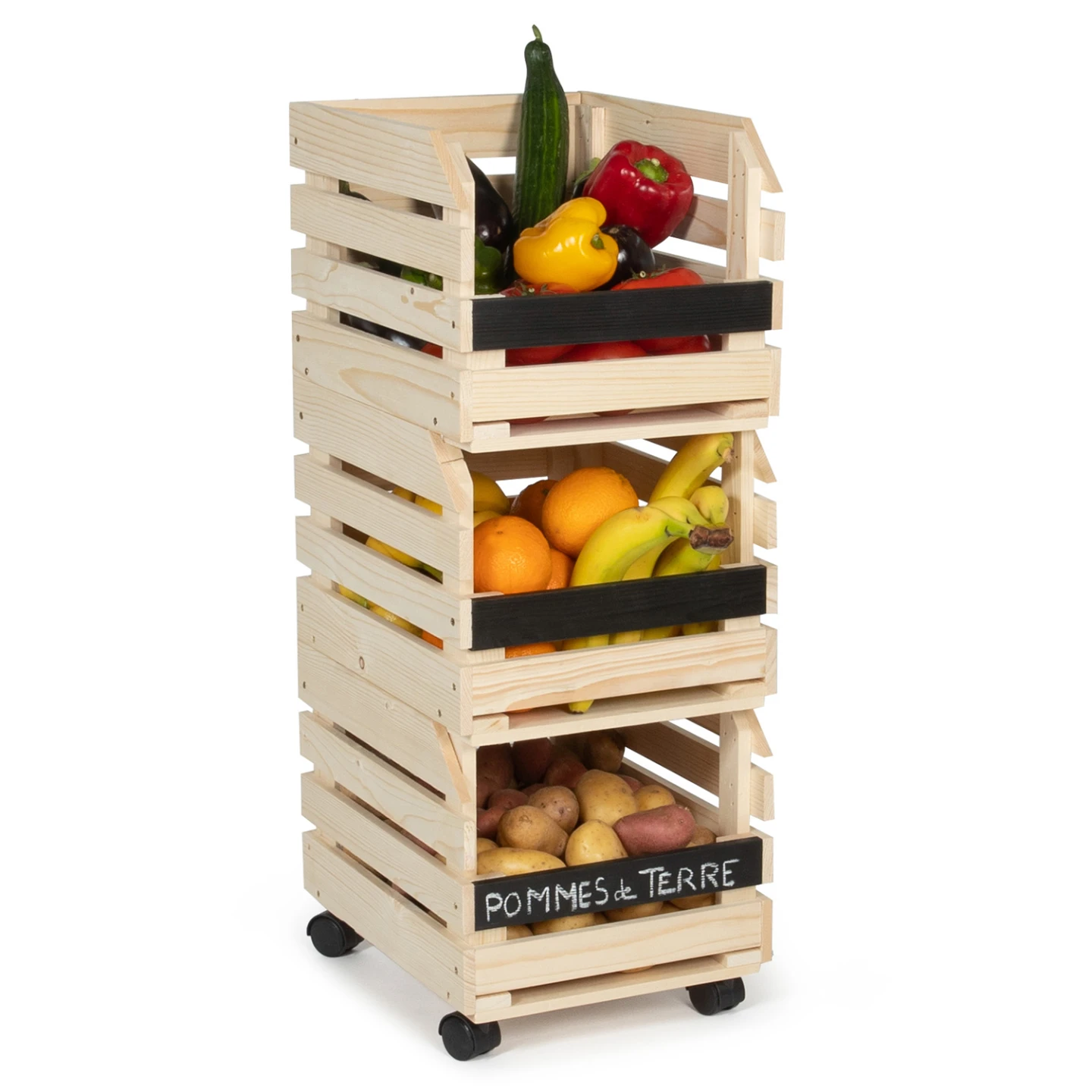 Lot de 3 clayettes en bois empilables pour fruits et légumes