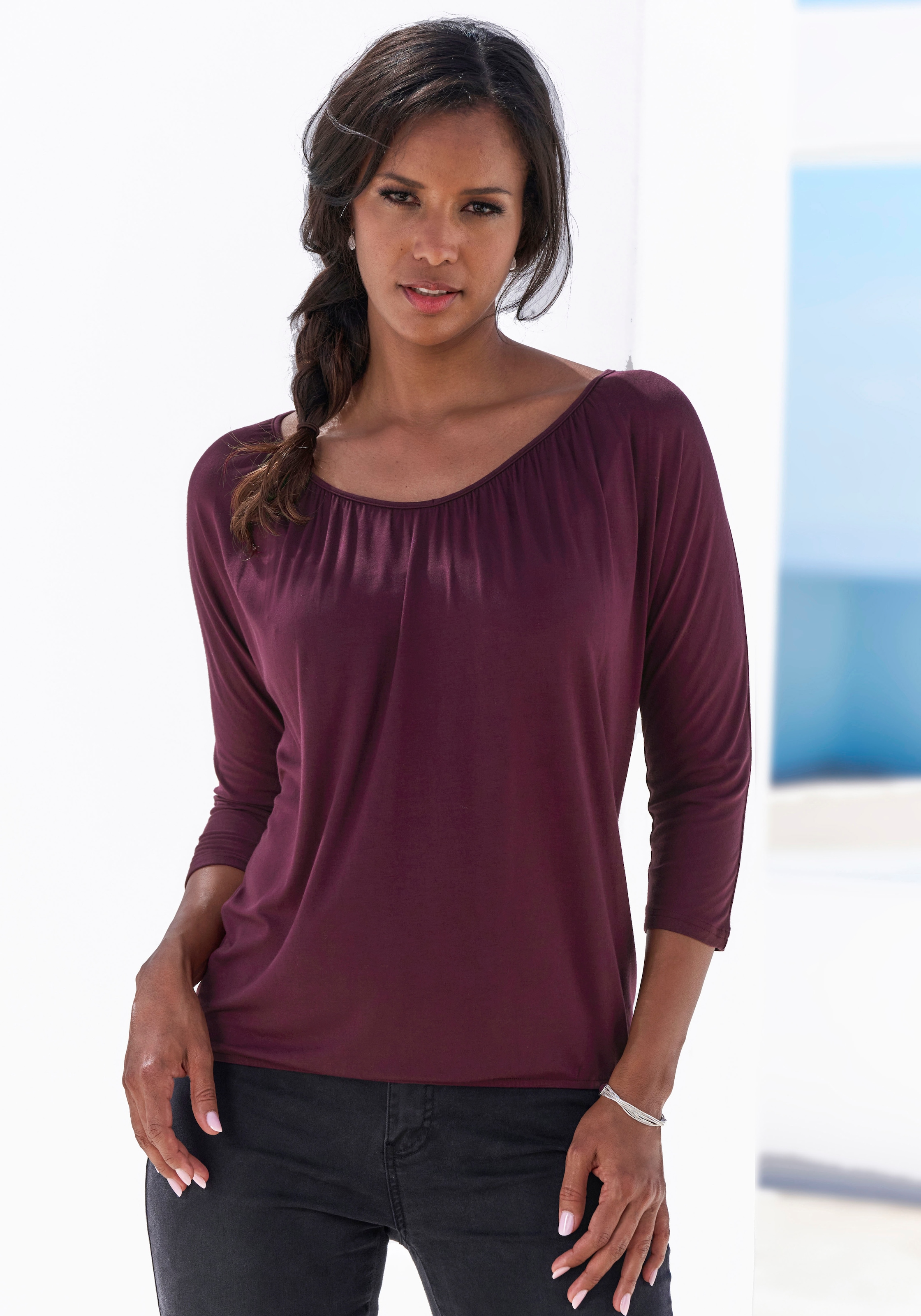 LASCANA 3/4-Arm-Shirt »mit zarter Raffung am Ausschnitt« 2er-Pack,  aus weichem Viskose-Stretch