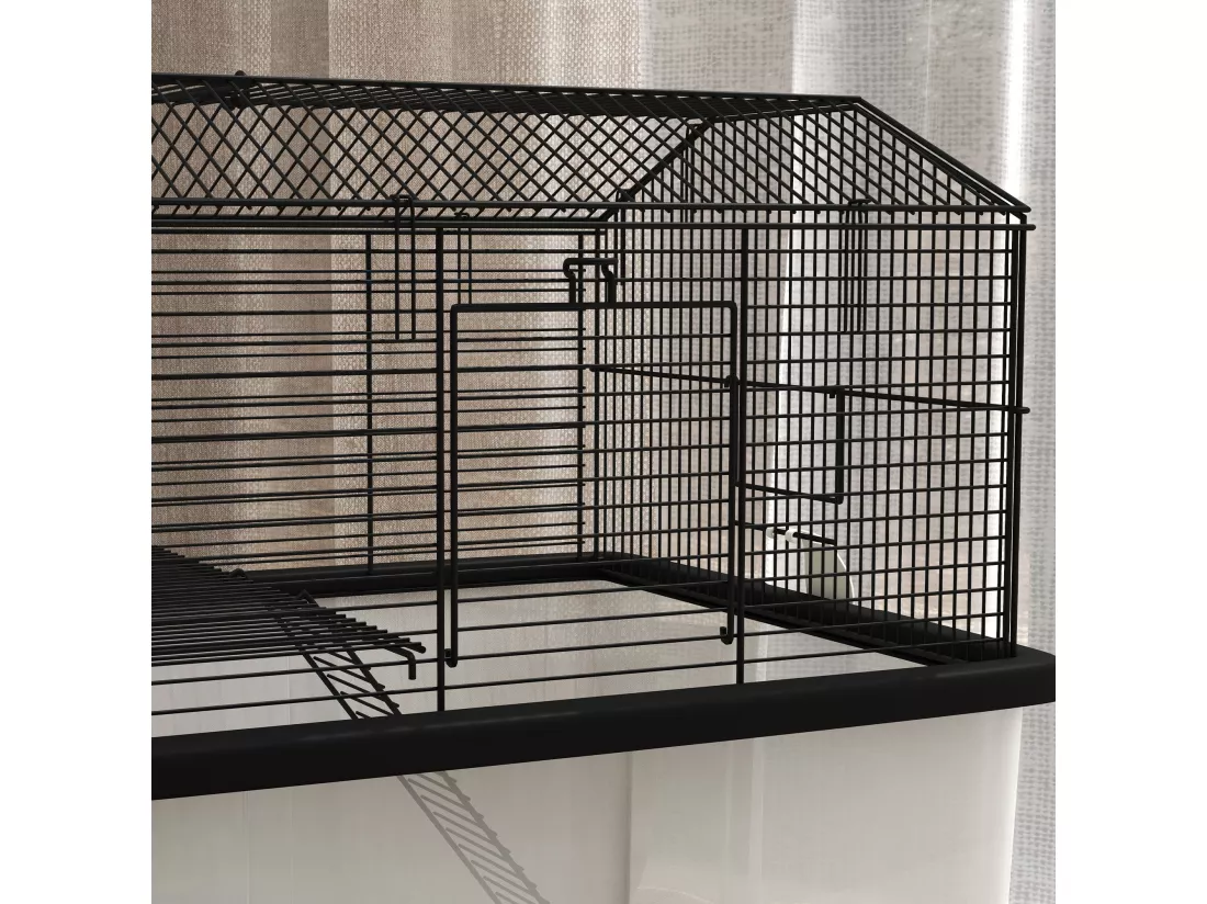 Cage rongeur hamster 2 étages - roulettes, plateforme, échelle, accessoires - PP transparent acier noir