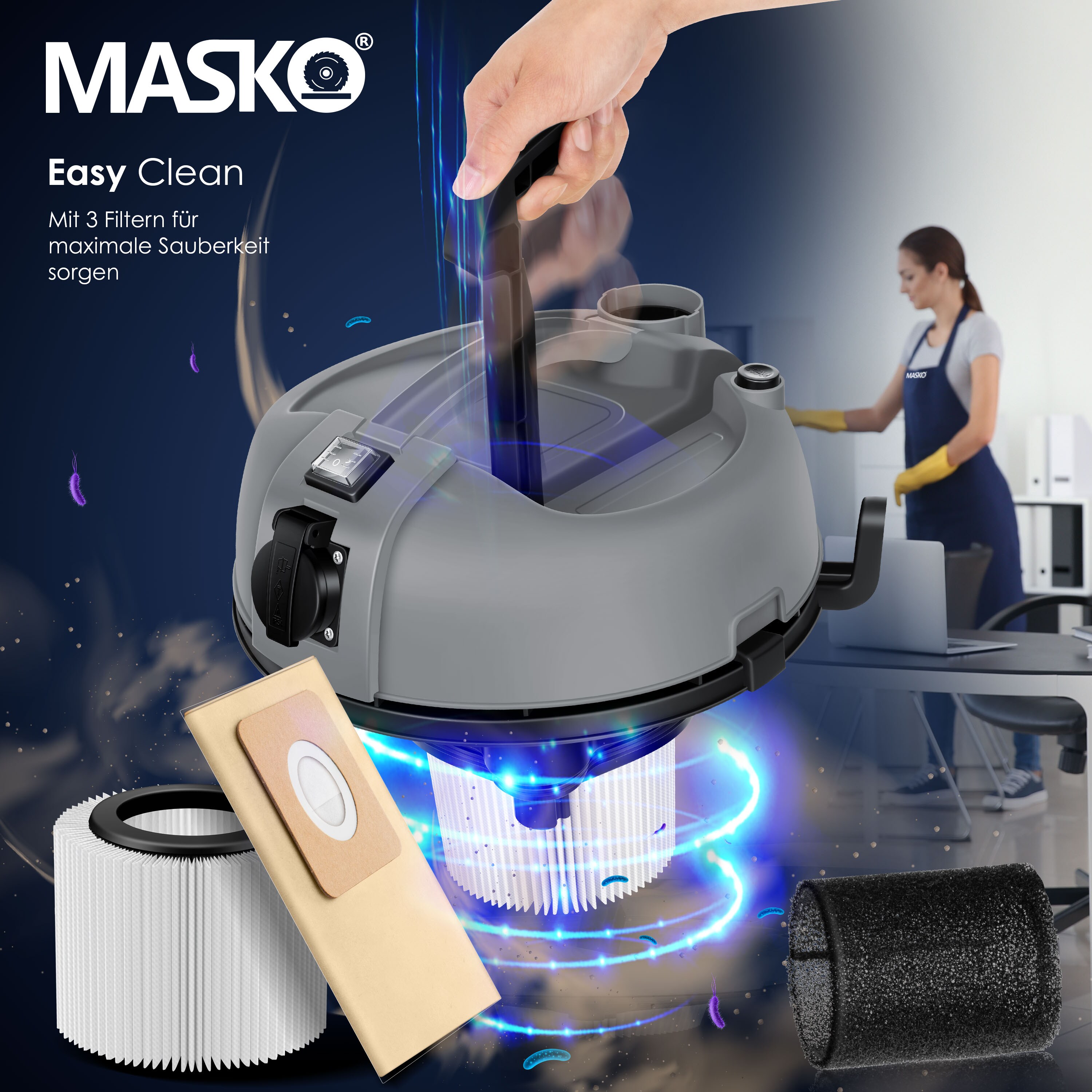 MASKO® 6IN1 Industriestaubsauger Staubsauger Nass Trocken Sauger Aschesauger 2300W + Steckdose ? Blasfunktion ? Trocken-Saugen & Nass-Saugen | Industrie-Sauger mit & ohne Beutel | beutellos