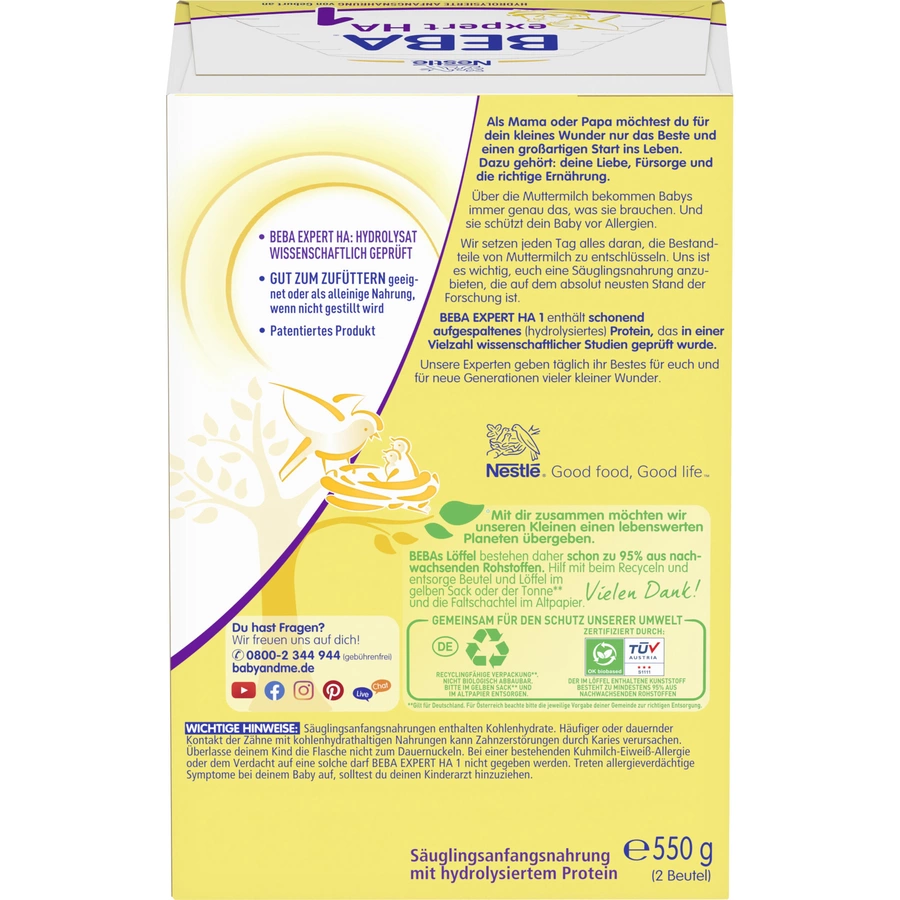 Nestlé Anfangsnahrung BEBA EXPERT HA 1 6x 550 g ab der Geburt