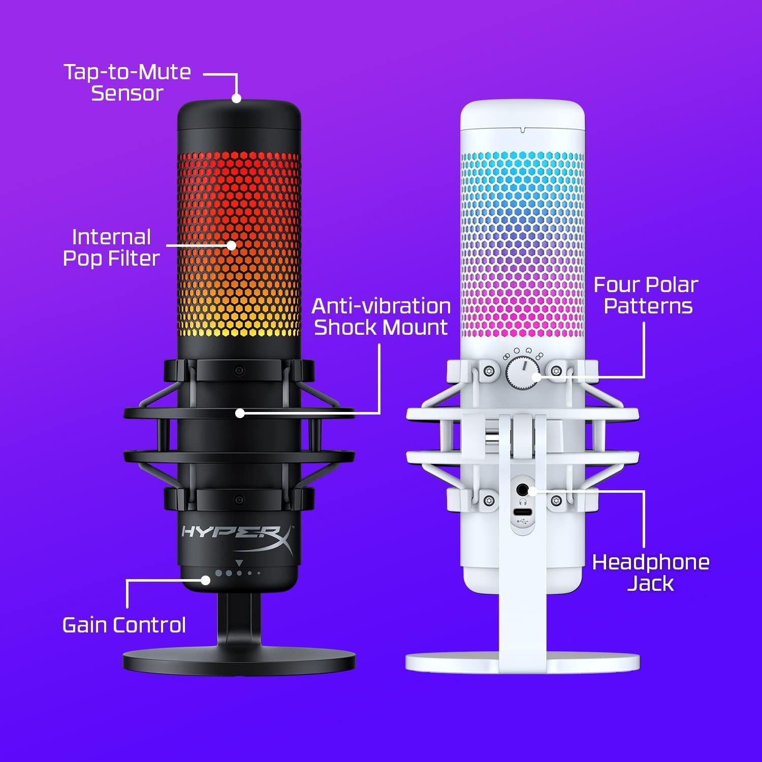 QuadCast S Kondensator USB Mikrofon mit RGB und Standfuss   3.5mm Klinke Anschluss für PC / Mac / PS5 / PS4 (4P5P7AA) - Schwarz