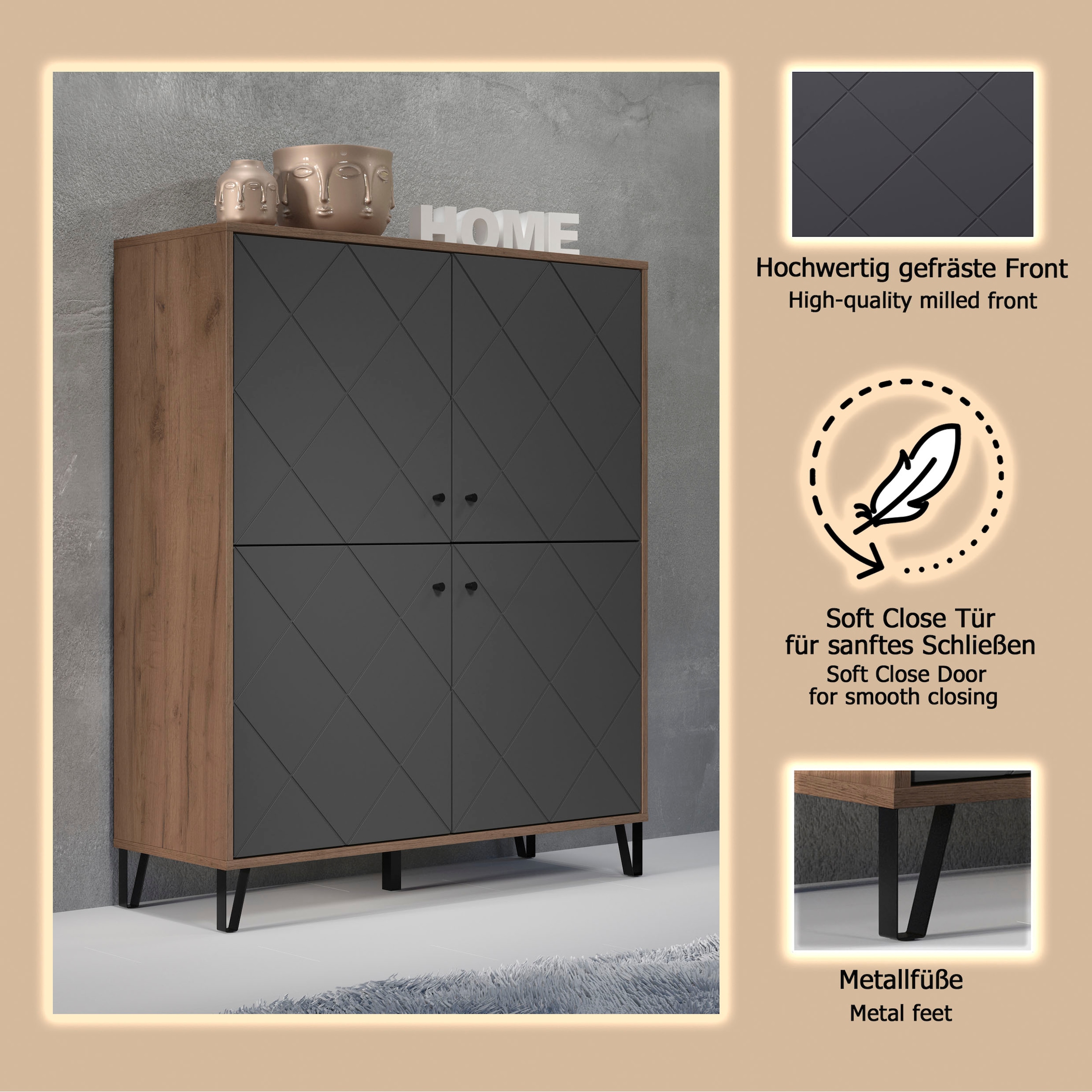 PLACES OF STYLE Highboard »Molveno« 1 Stk. tlg. Highboard mit 4 Türen & Soft-Close - (B/T/H) 123/40/136 cm
