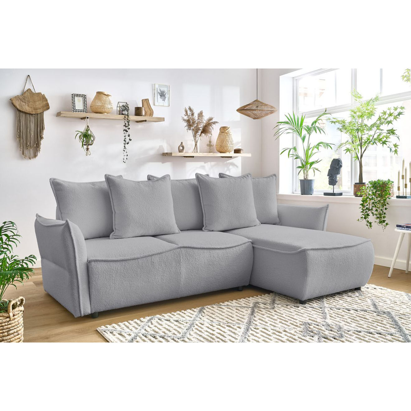 Bobochic Canapé d'angle droit convertible bouclette Léon gris clair - 242x158x90 cm