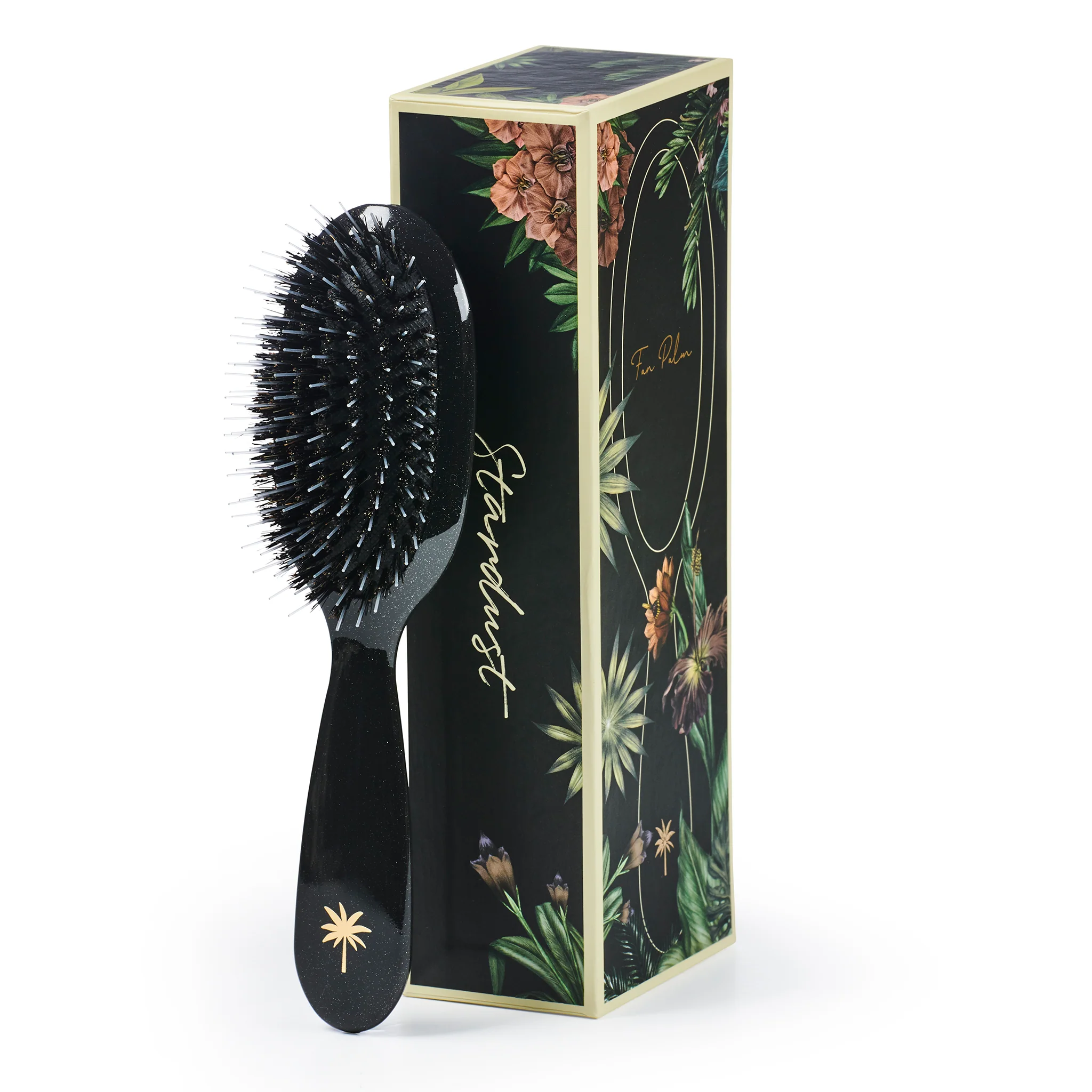 Fan Palm  Small Vildsvinehår & nylon, Stardust - Gloss Black w/Glitter