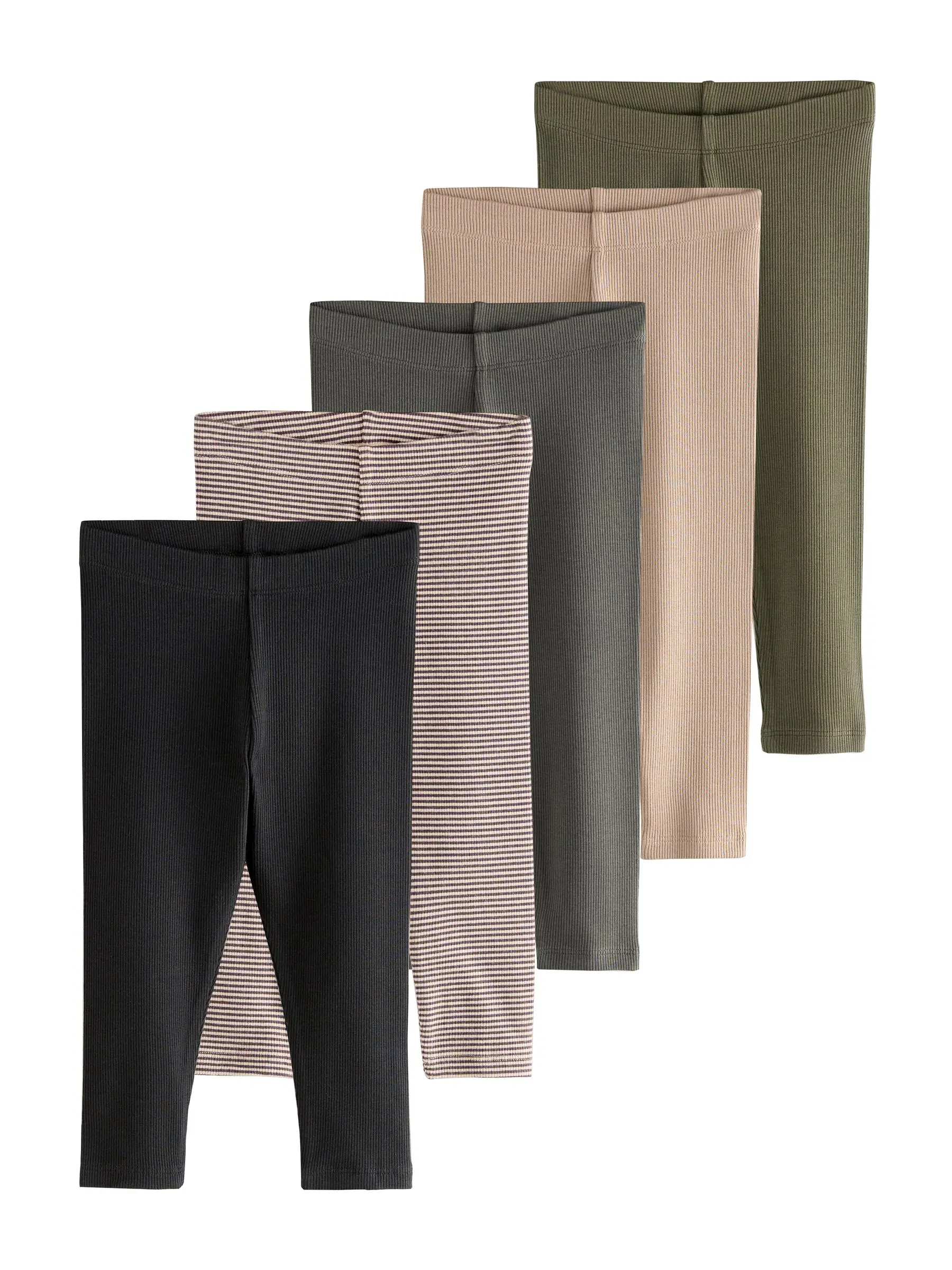 Zwart/Wit/Khaki groen - Verpakking van 5 geribbelde Leggings (3mnd -7jr)
