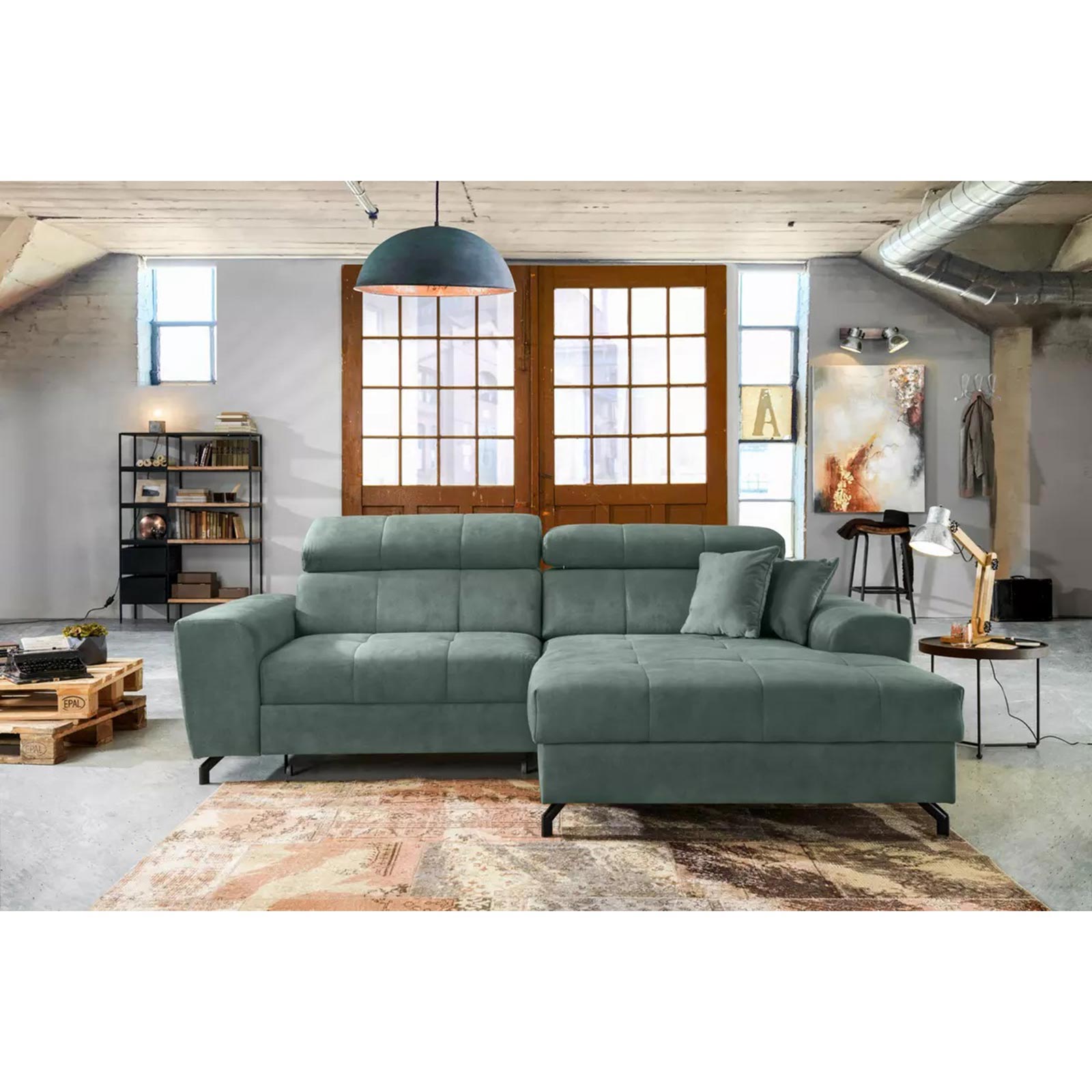 Ecksofa - mint - Samt - mit Liegefunktion - Recamiere rechts