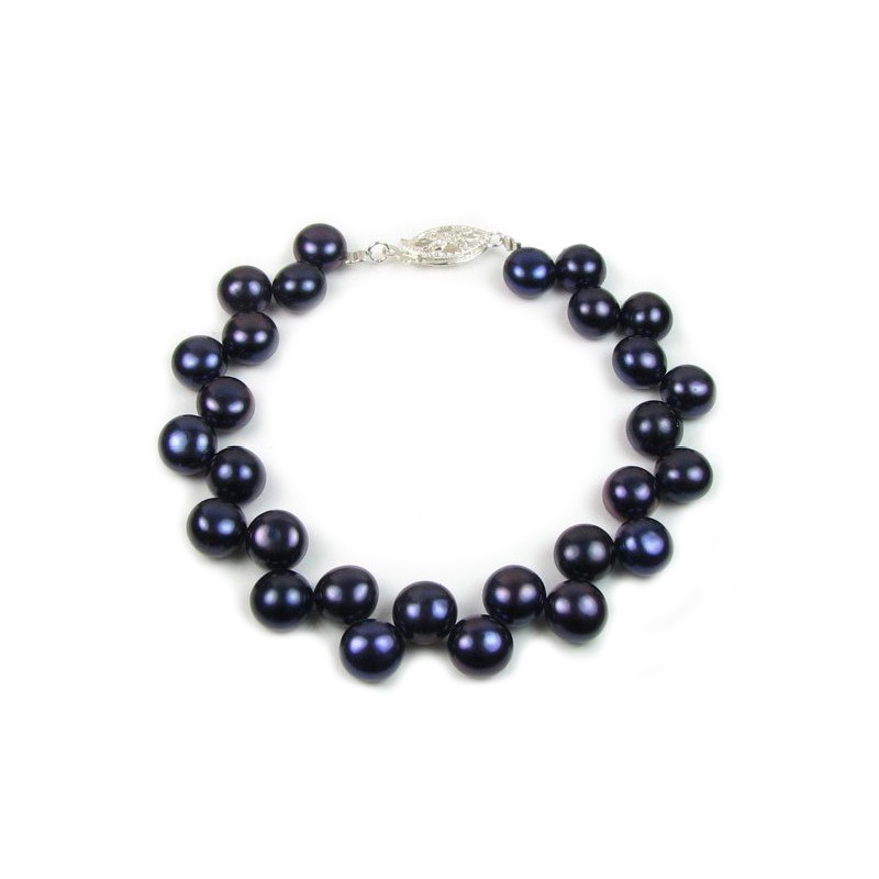Bracelet Femme Perles de culture d'eau douce Noires et Fermoir en Argent 925/1000