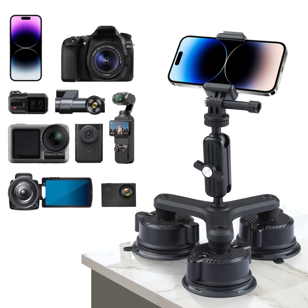 (32cm) Auto KFZ Kamera Dreifach Saugnapfhalterung   Stativ Adapter für DSLR Kamera / GoPro / Insta360 mit 1/4