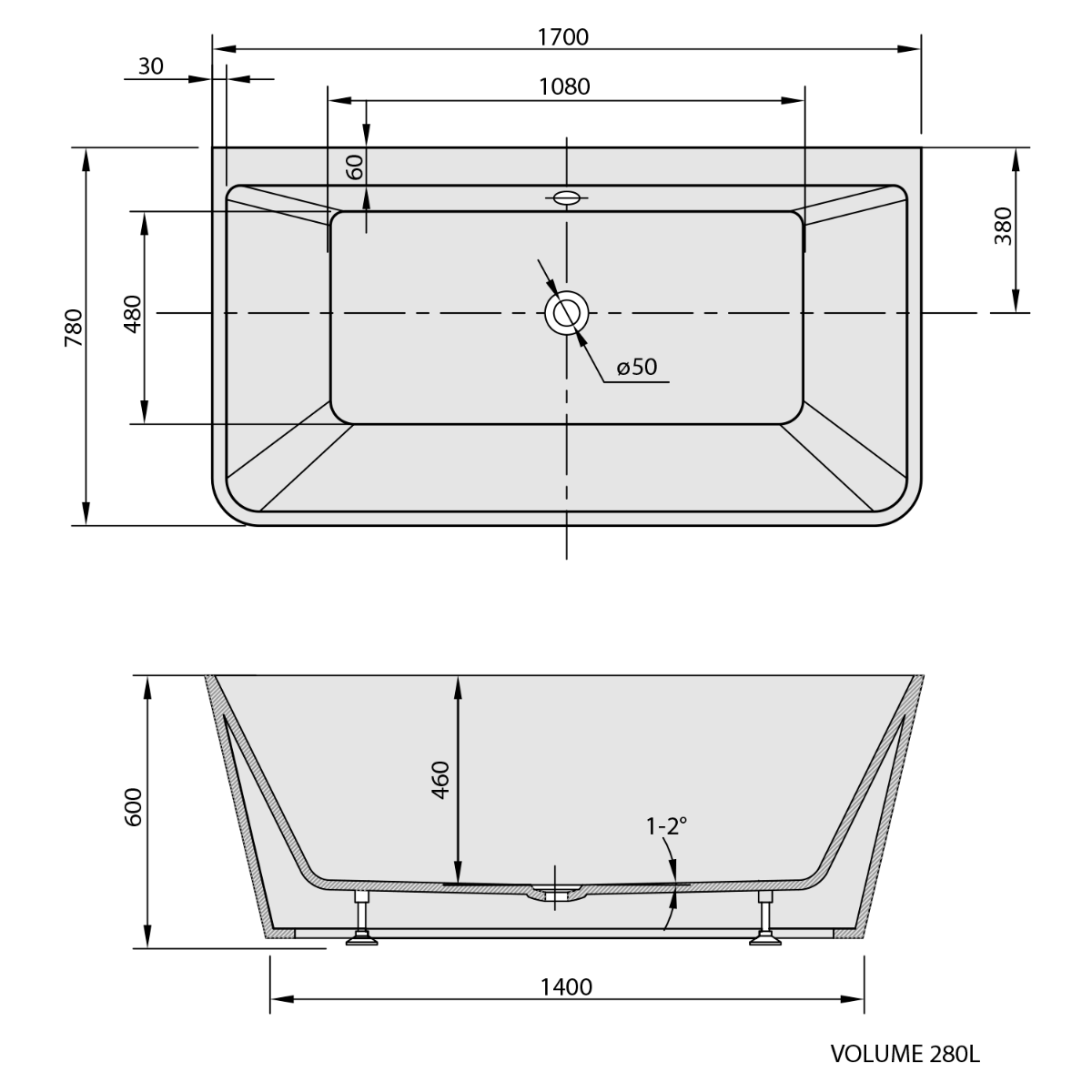 Polysan Liberta vrijstaand bad 170x78x60cm wit glans