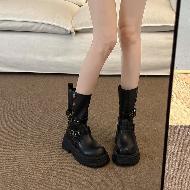 Vindler - Platform Plain Buckled Faux Leather Short Boots