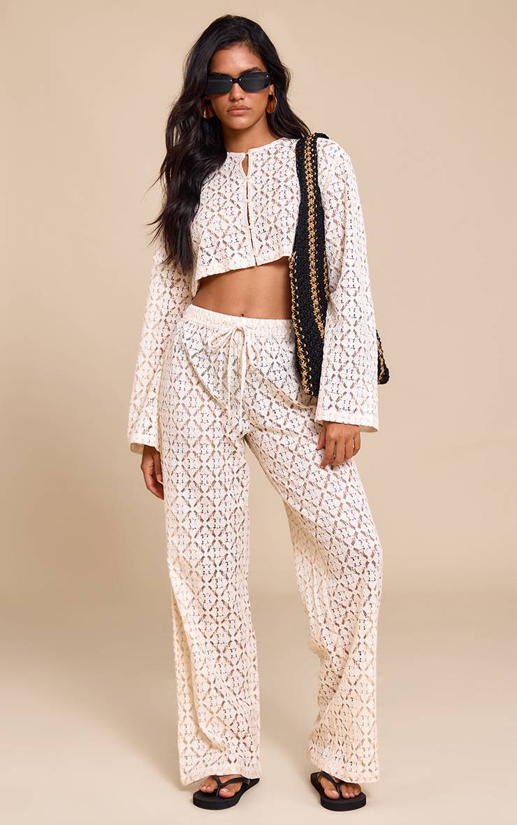 Crème Pantalon Droit En Dentelle