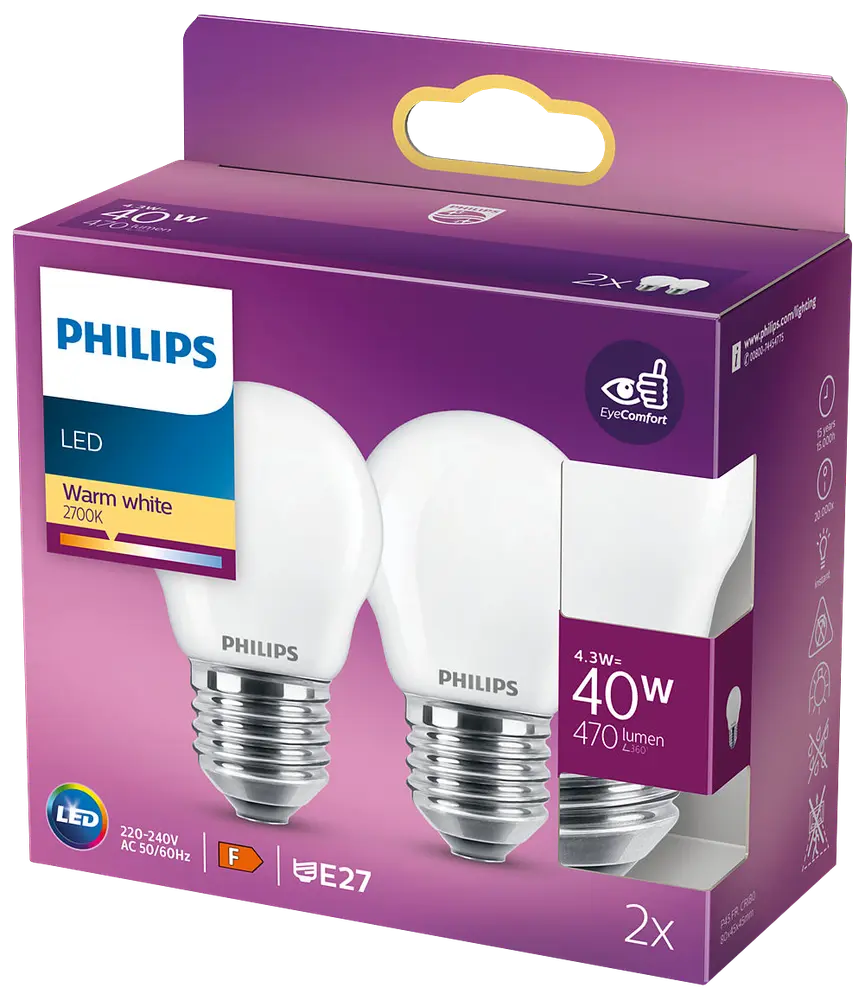 PHILIPS LED-pære 4,3W E27 P45 2-pak