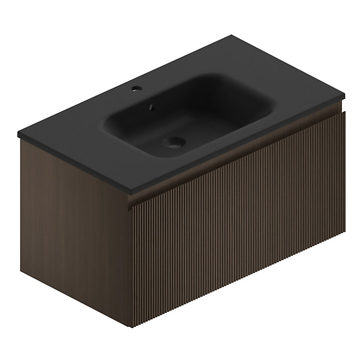 Meuble sous vasque à suspendre Pura placage noyer strié 90 cm + Plan vasque en résine noir mat