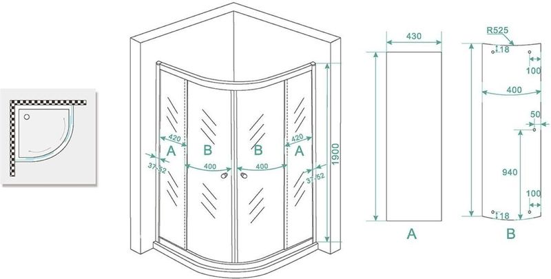 Douchecabine Boss & Wessing Kwartrond 100x100x190 cm 5 Mm Helder Glas Chroom