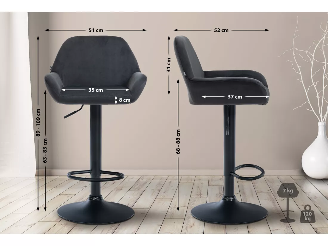 Lot de 2 Tabouret de bar - Velours - Noir - Braga