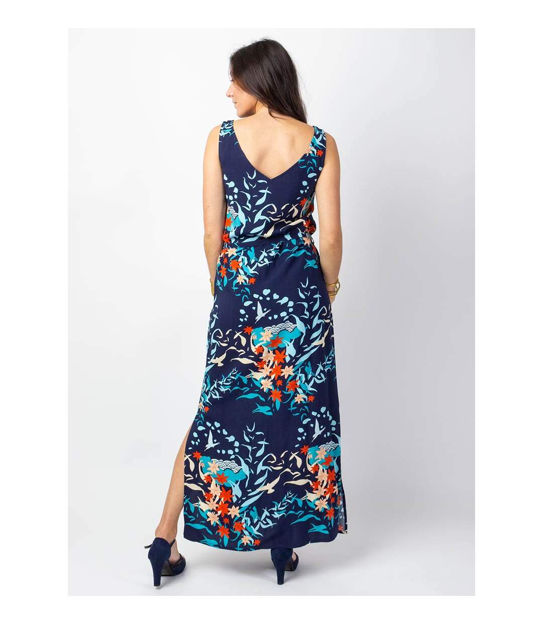 Robe longue SAVANA larges bretelles imprimé japan bleu profond Coton Du Monde
