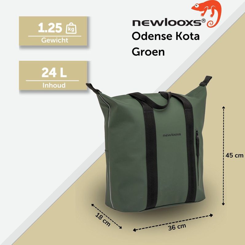 New Looxs - Odense Kota - Fietstas - Groen - 24 Liter - Afneembare Shopper met Rits