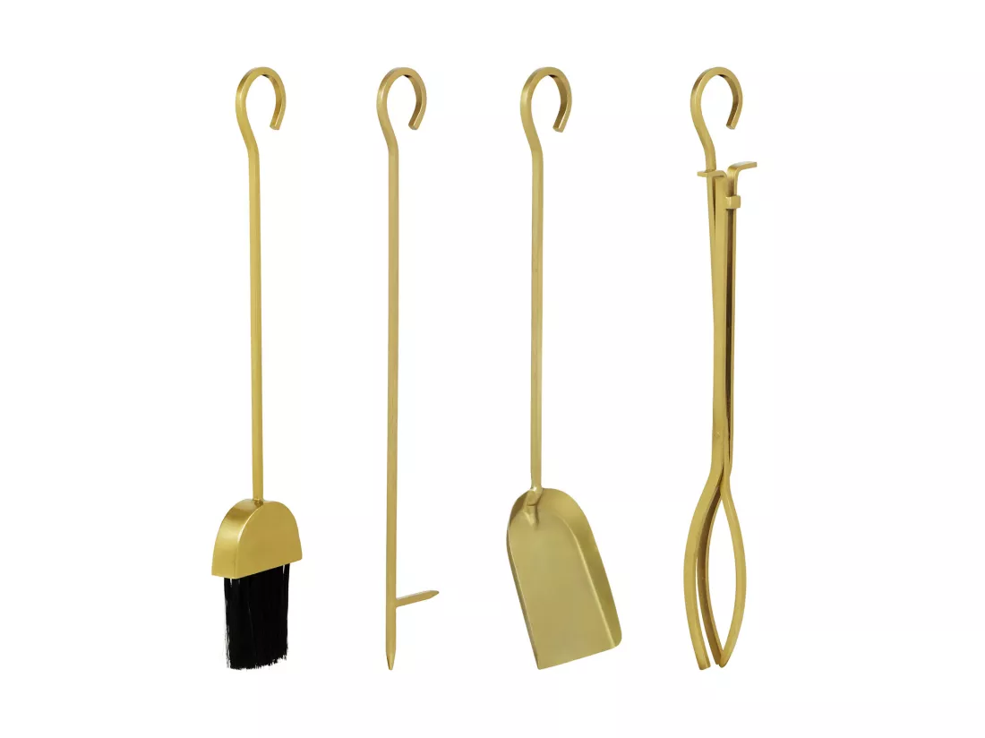 Serviteur de cheminée 4 outils en laiton doré - L. 25 x P. 15 x H. 60 cm - ASSIOUT