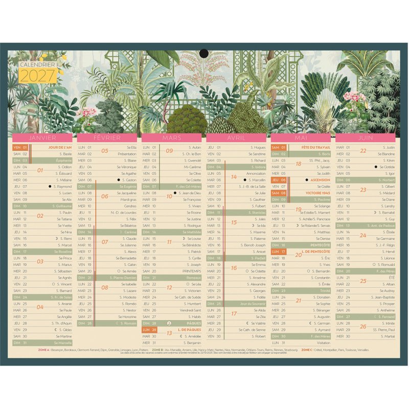 Calendrier semestriel mural 2027 - Exotique - 21 x 26,5 cm