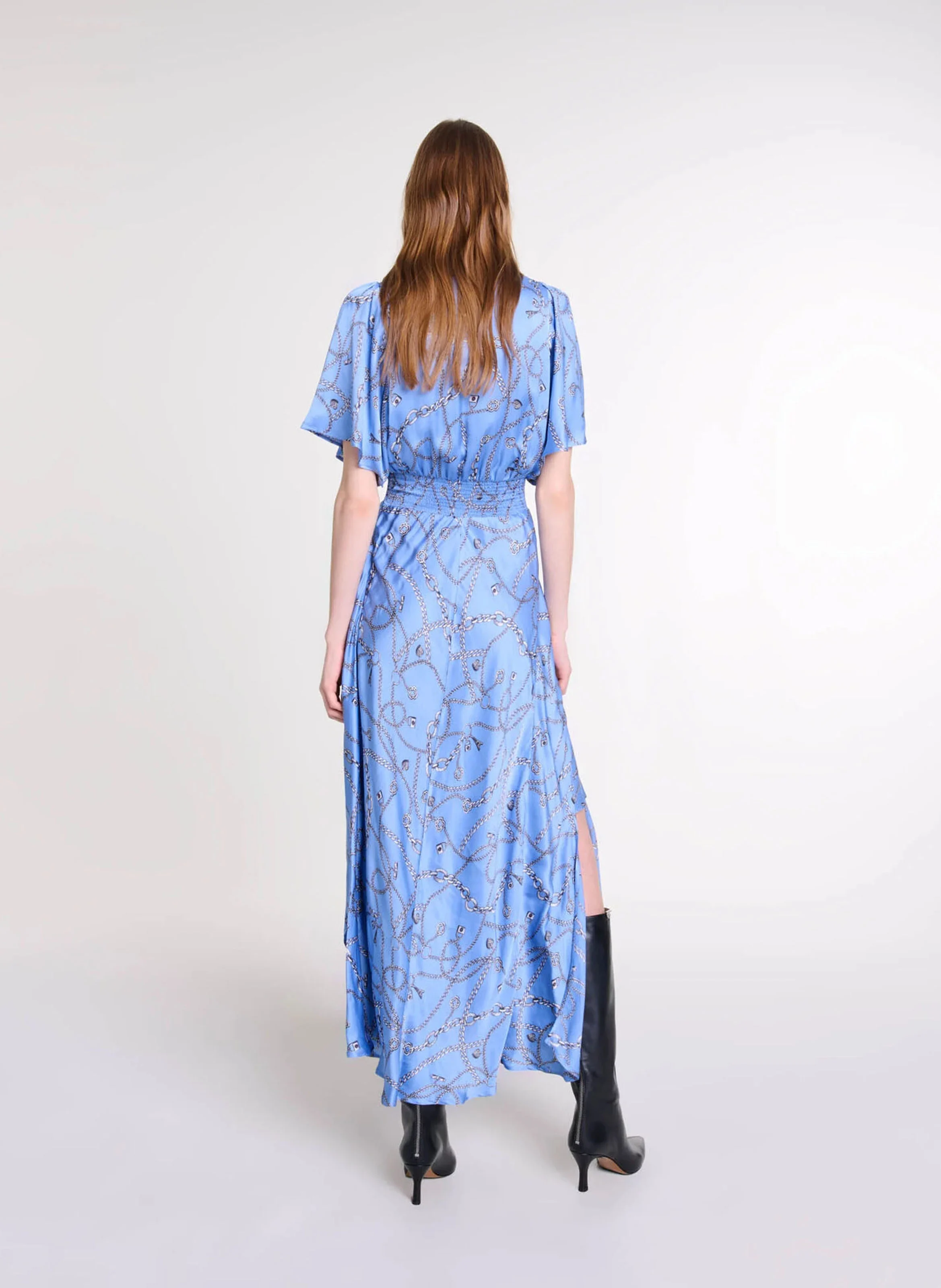 Robe longue col V imprimée | Bleu