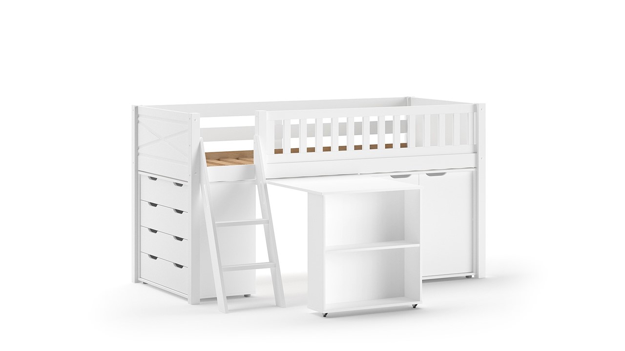 Halfhoogslaper Scott met bureau en 2 commodes wit