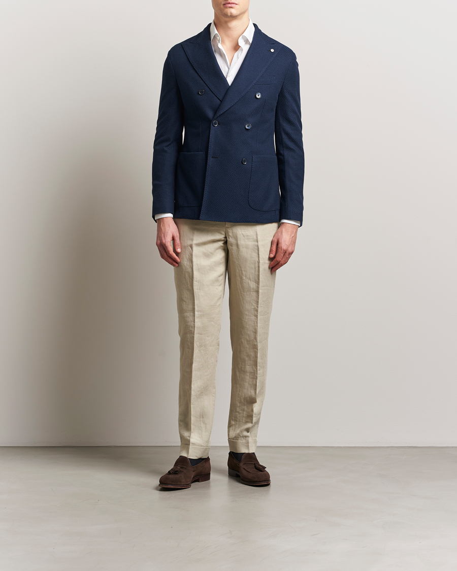 L.B.M. 1911 Tom Double Breasted Herringbone Jersey Blazer Navy