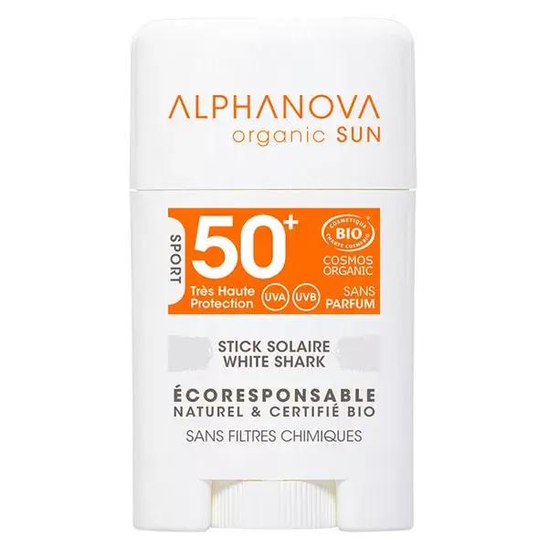Protetor solar facial em bastão Alphanova Sun Stick White FPS 50+ Orgânico 10g