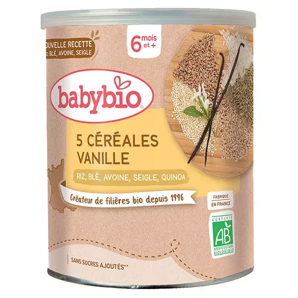Babybio 5 Grãos Baunilha Arroz, Trigo, Aveia, Centeio, Quinoa +6 meses Orgânico 220g