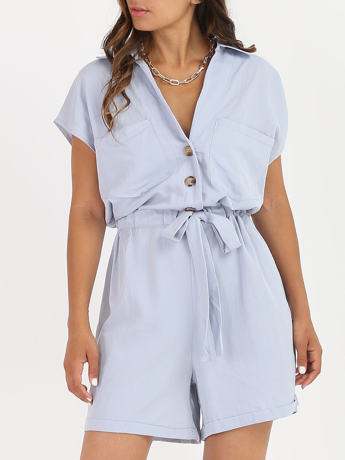 Combi-short ceinturée à boutons- Bleu clair
