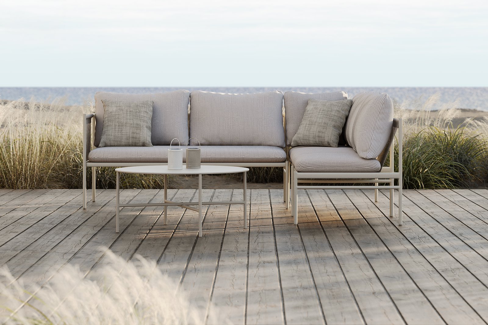 Cancun hjørnesofa Hvitlakkert med beige puter