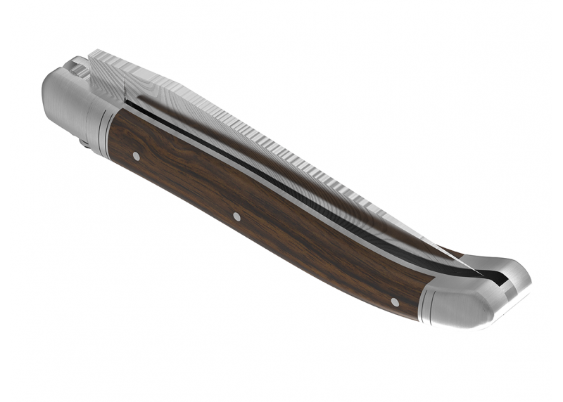 Couteau Laguiole collection damas avec un manche en bois de noyer et 2 mitres en acier inoxydable