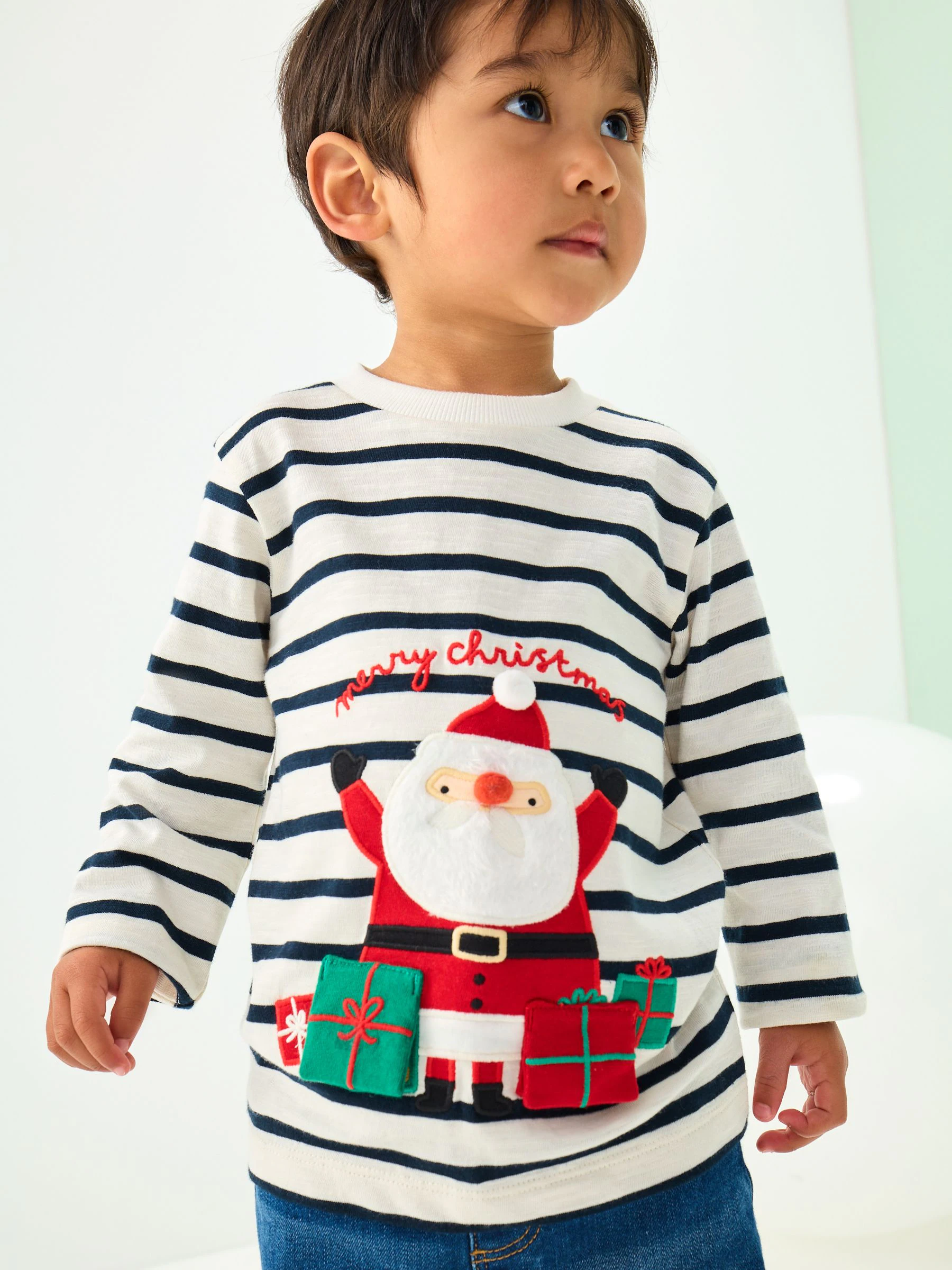 Wit/blauw Santa-applicatie - Kerst-T-shirt met lange mouwen (3mnd -7jr)
