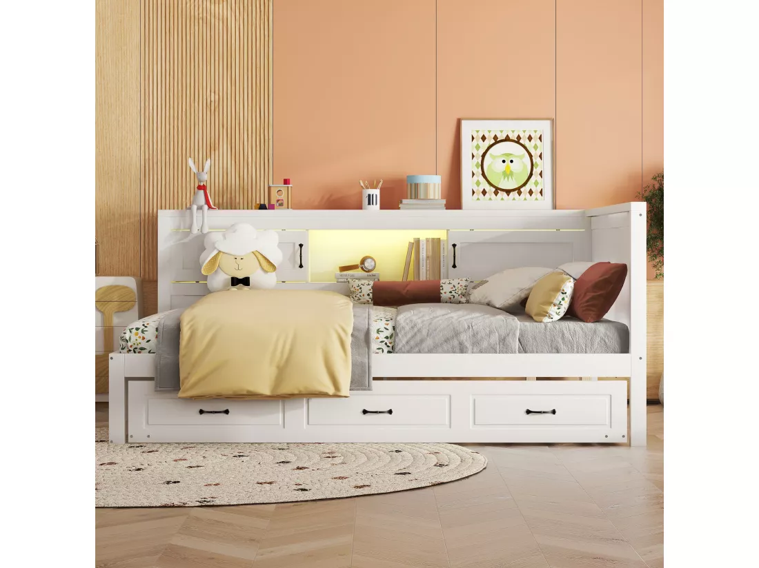 Lit banquette 140x200cm avec LED et prises - avec un lit gigogne 90x190cm - Blanc