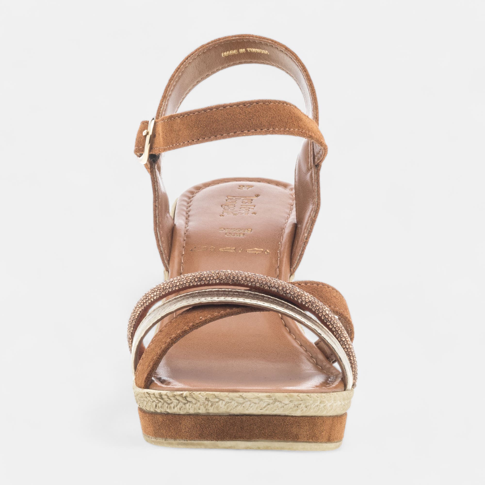 Nu-pieds à talon compensé Femme en cuir cognac