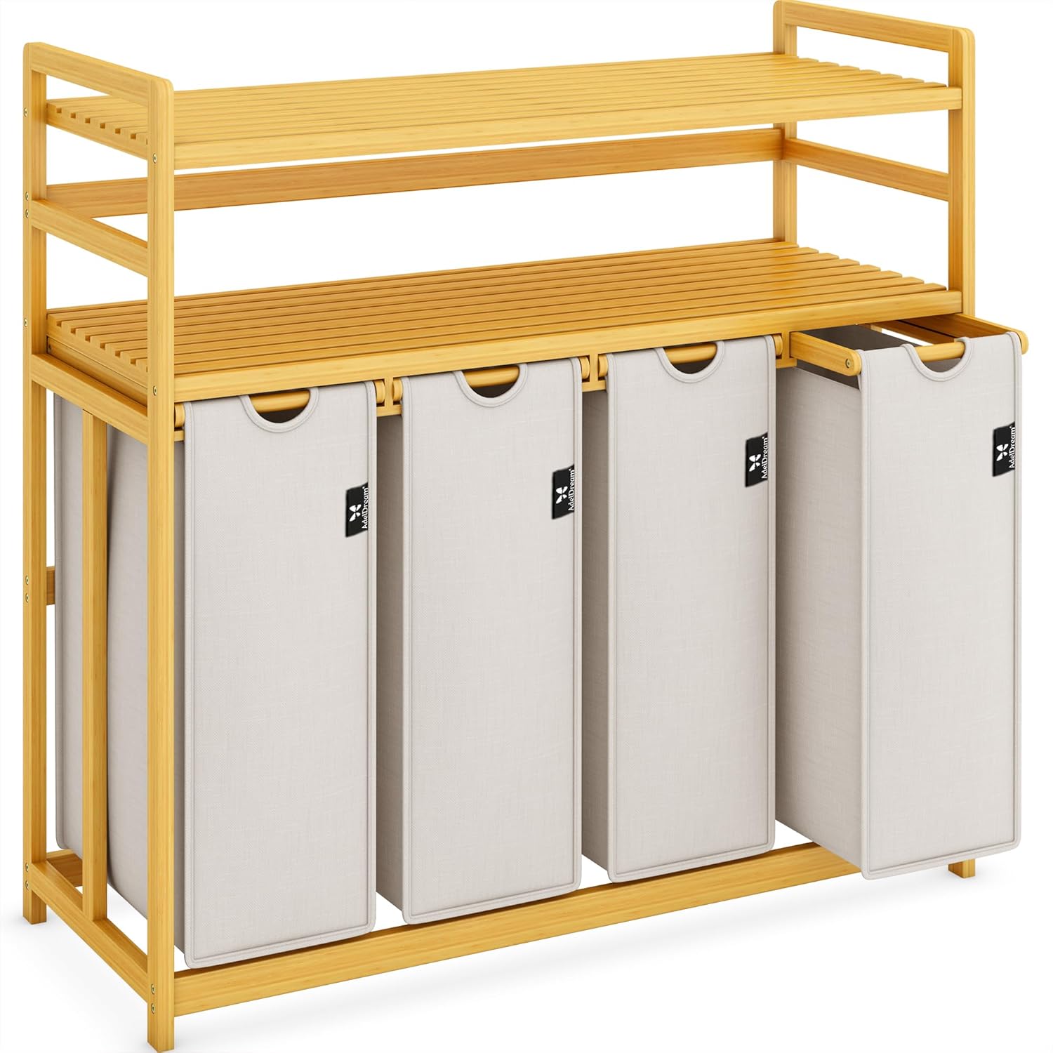 AdelDream Premium Wäschekorb 200L – Wäschesortierer mit 4 Fächern & 2 Ablagen, Bambus Wäschebox mit ausziehbarem & abnehmbarem Wäschesack, Hellgrau