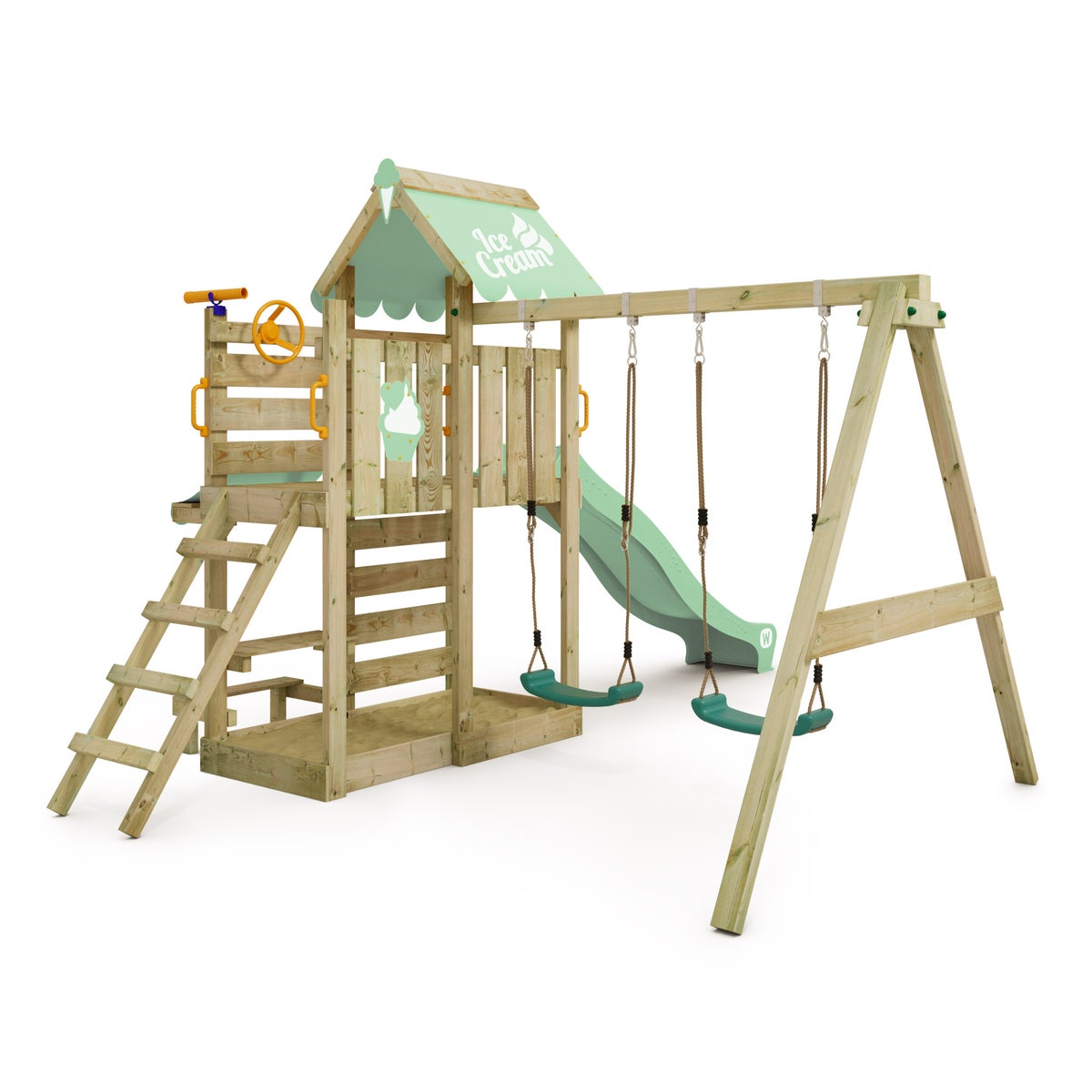 WICKEY VanillaFlyer Speeltoren Klimrek met Schommel en Glijbaan, Klimtoren met Zandbak, Ladder en Speelaccessoires – Pastelgroen