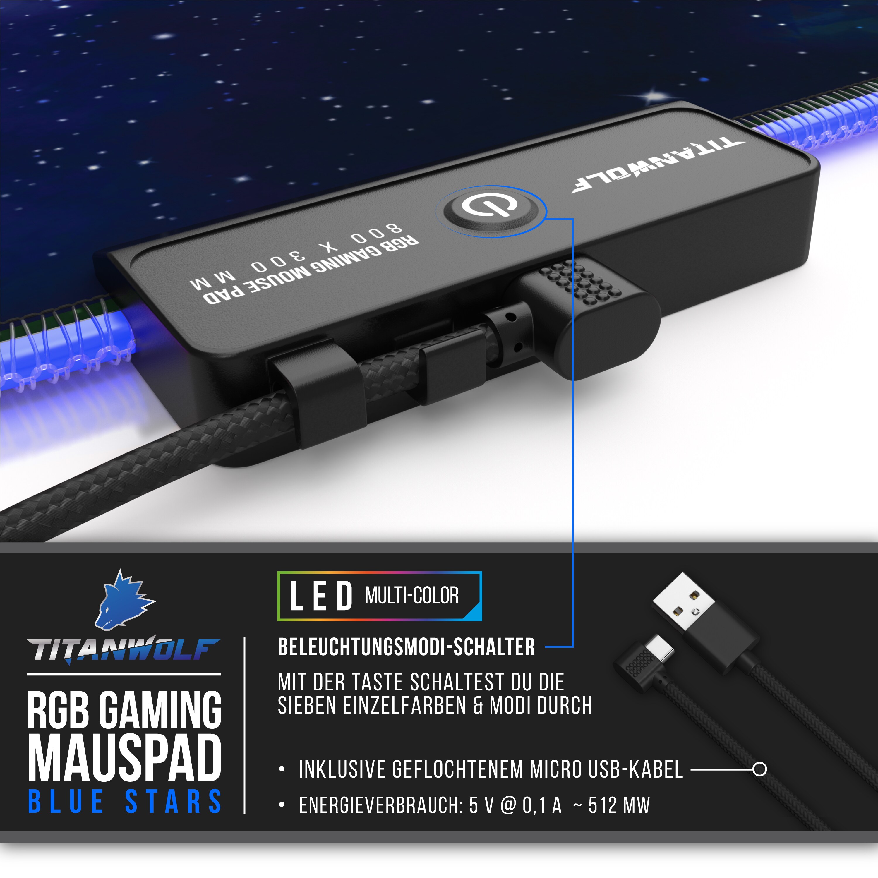 Titanwolf RGB Gaming Mauspad, Mousepad XL 800 x 300mm verbessert Präzision & Geschwindigkeit, Blaue Sterne
