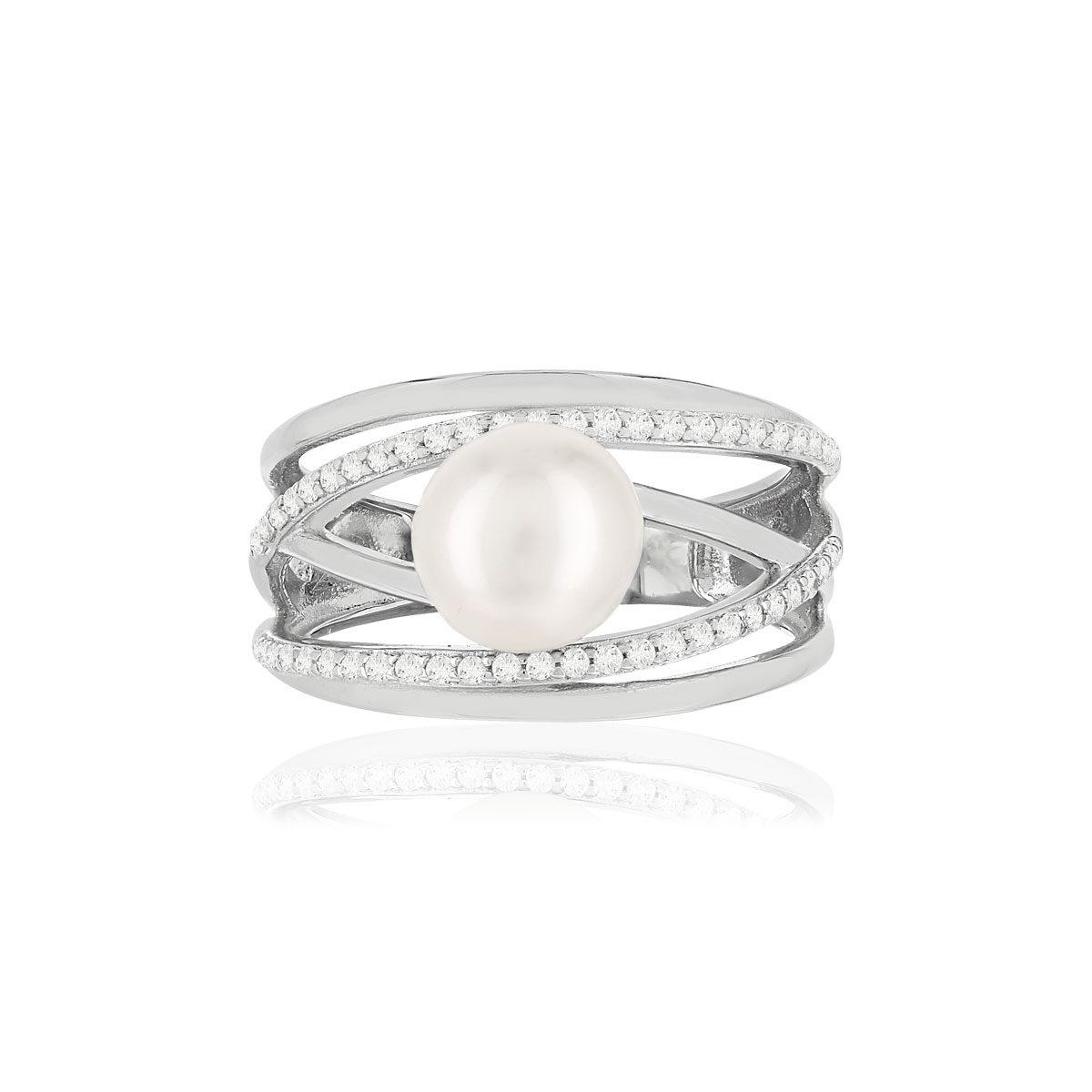 Bague argent 925, perle de culture de Chine, zirconias.
