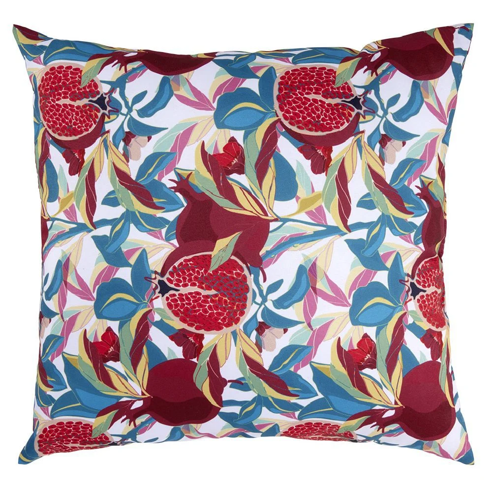 Coussin d'extérieur motif feuillage et grenade rouge et bleu 40x40cm