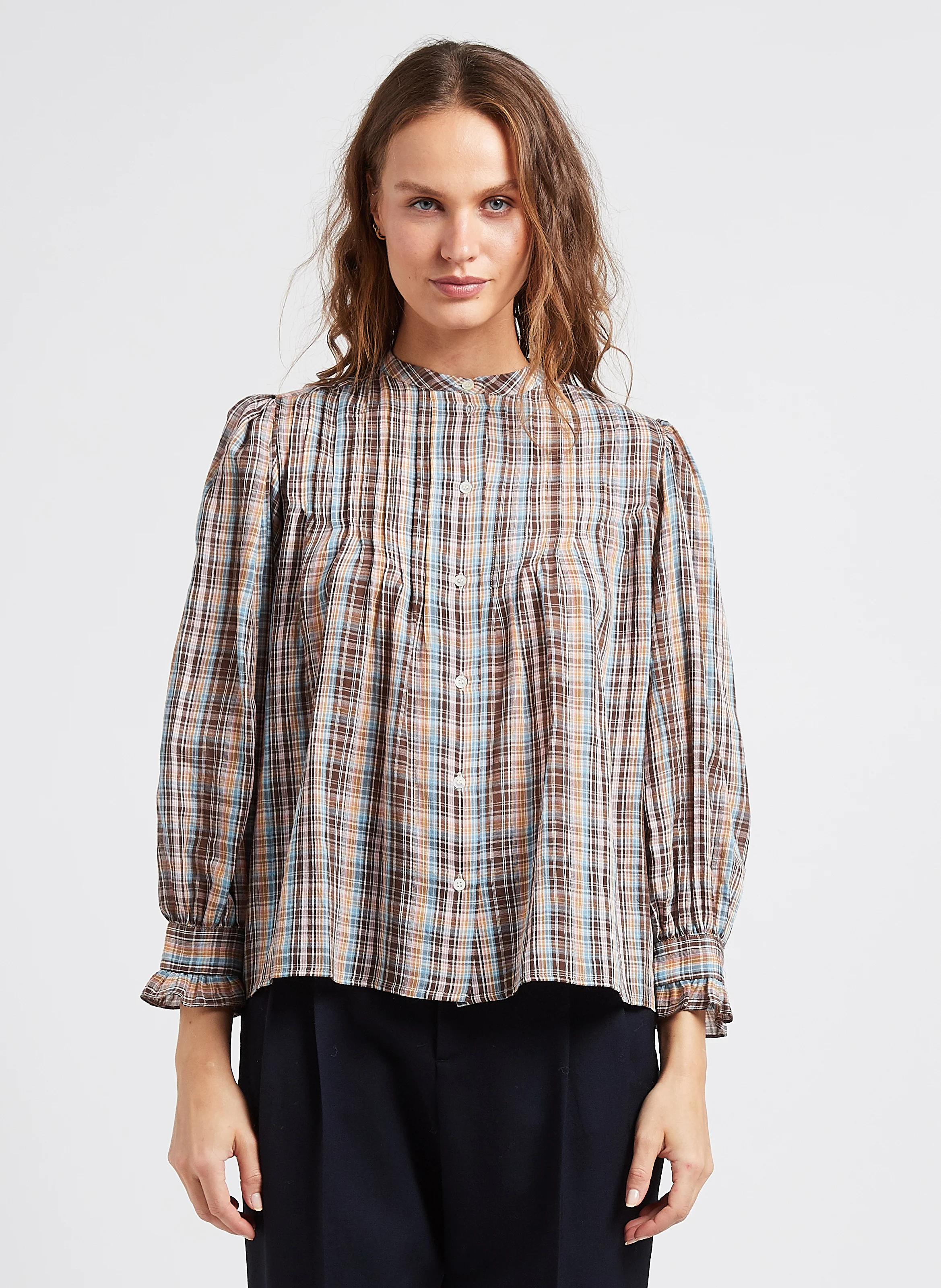 ELBERT - Chemise droite col rond en coton imprimé | Marron