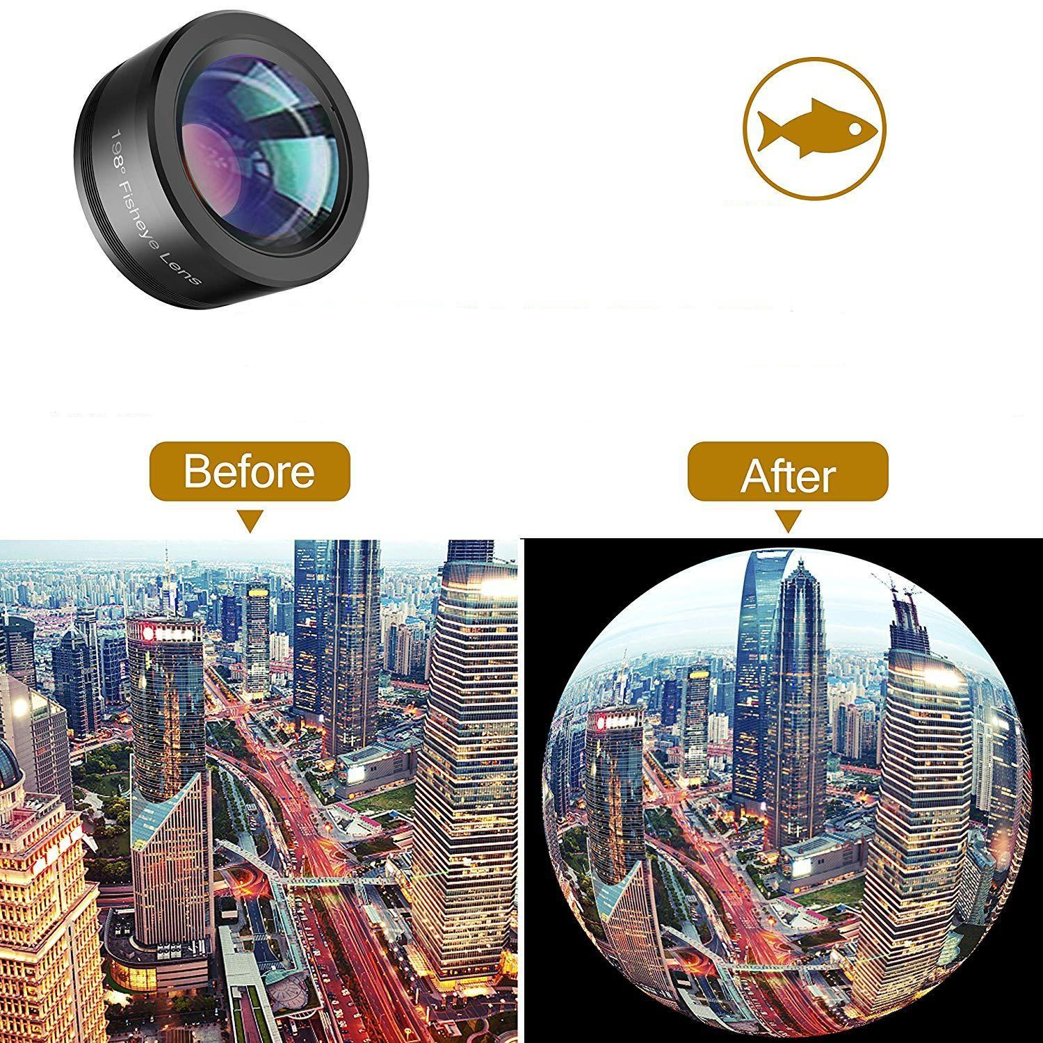 3in1 Kamera Teleobjektiv mit Clip (198° Fish Eye / 120° Weitwinkel / 20x Makro)   Aufbewahrungstasche - Schwarz