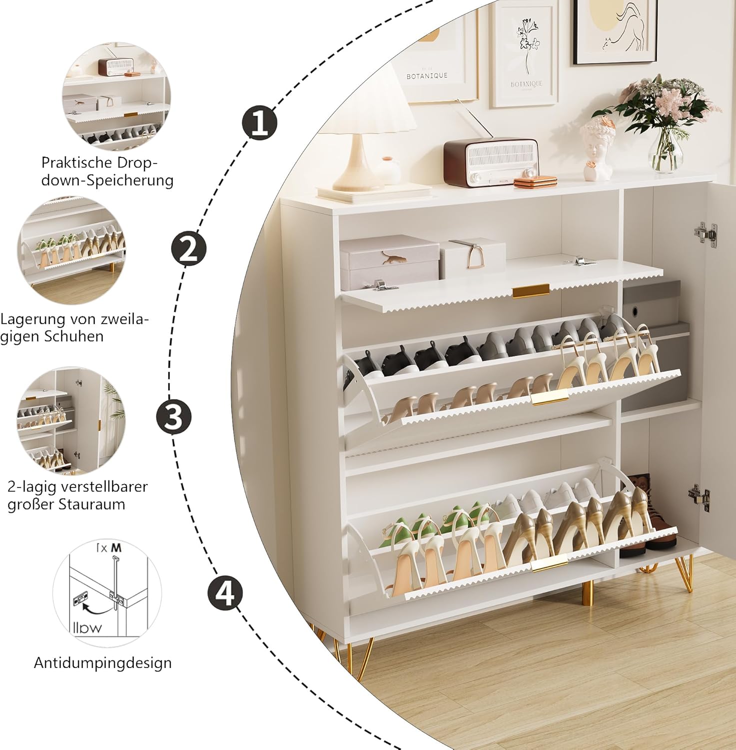 Schuhschrank mit 3 Klappen und 1 Türen,Schuhregal, Shoe Cabinet weiß, Schuhkipper mit 6 Fächern, schuhschränke für Flur oder Eingangsbereich, platzsparend, 110 x 24 x 120 cm (3 Klappen und 1 Tür)