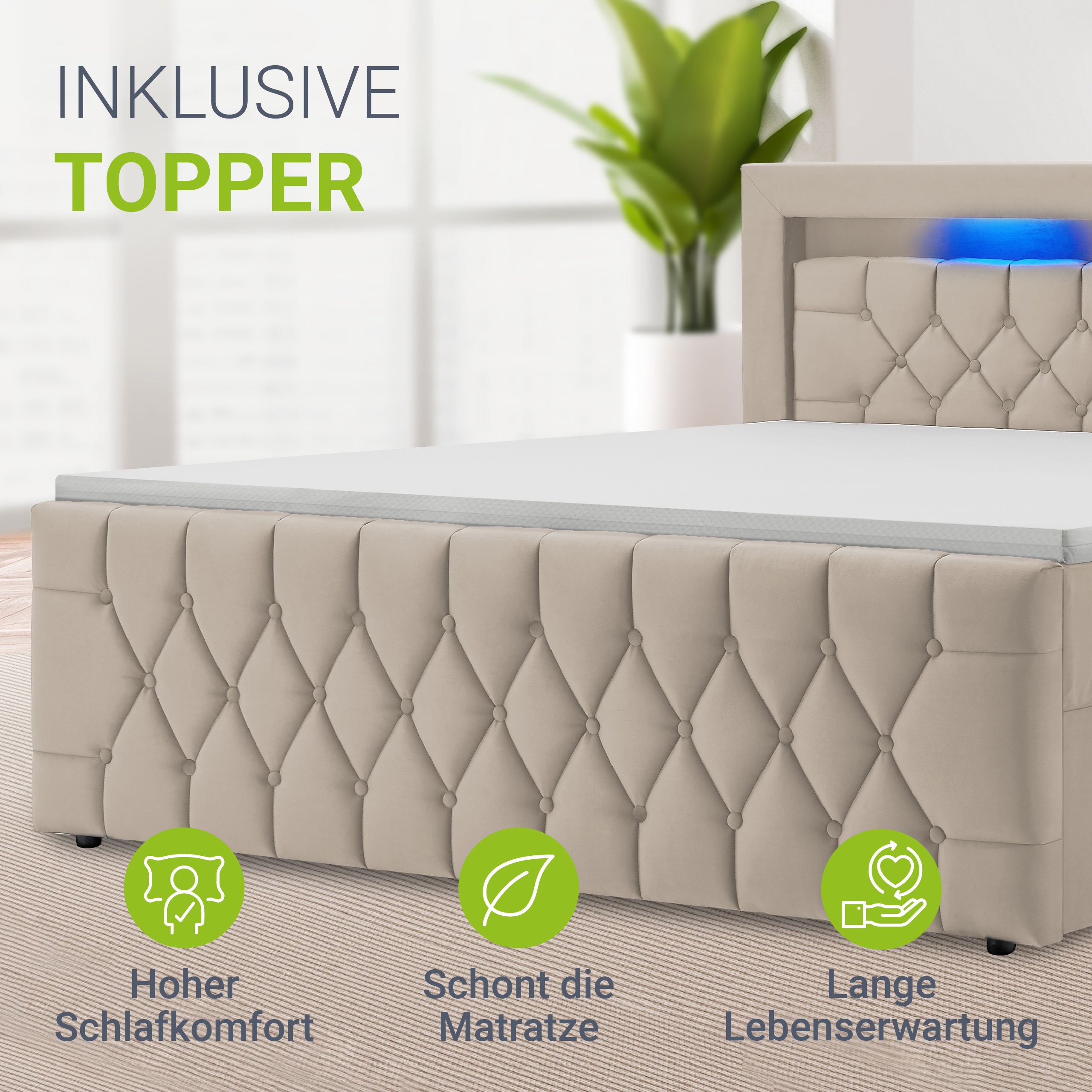 Juskys Boxspringbett Leona Samt 140x200 cm in Beige – mit LEDs, Topper & H4-Federkern-Matratzen
