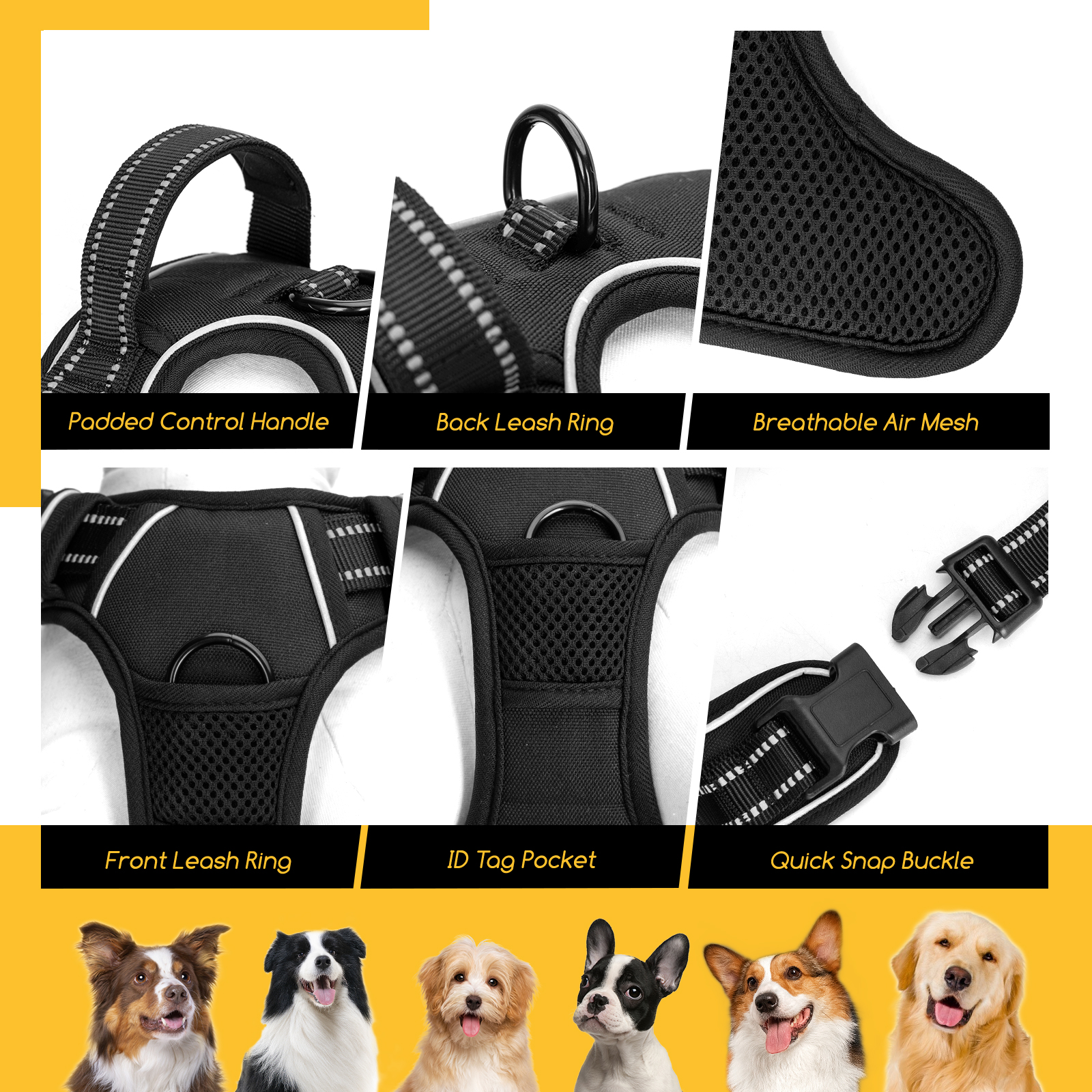 Nobleza - Coleira peitoral para cães de pequeno porte, modelo anti-puxão com detalhes refletivos.