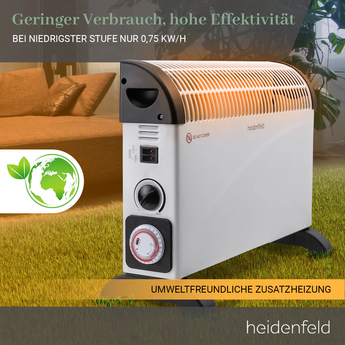 Heidenfeld Konvektorheizung HL200, 750-2000 Watt, Timer, Turbo-Funktion, Thermostat, bis 25 m² (Ohne Turbo)