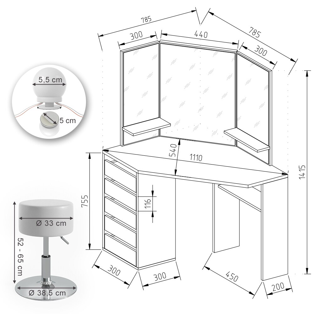 VICCO LED Eckschminktisch ARIELLE Kosmetik Schminktisch Spiegel Eiche Hocker