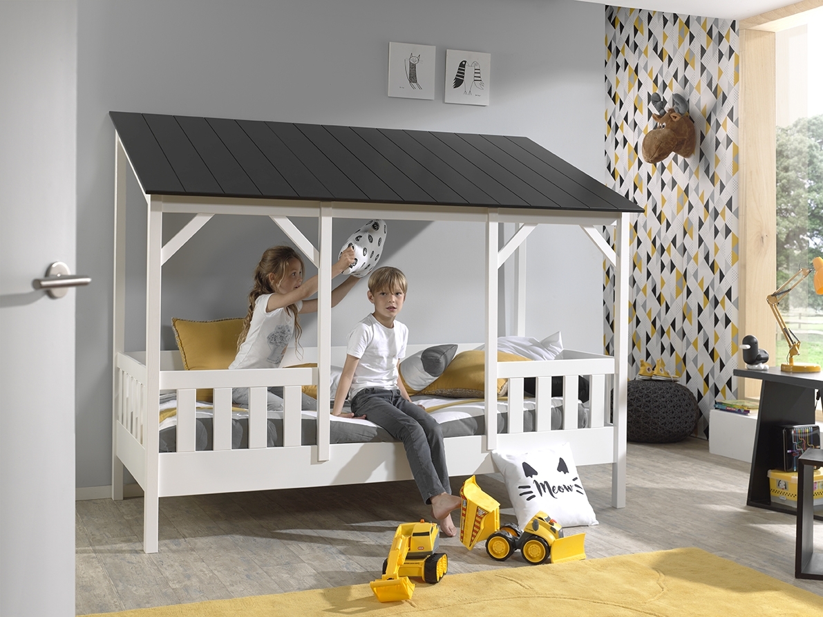 Hausbett-Set - schwarz-weiß - mit Rolllattenrost - 90x200 cm